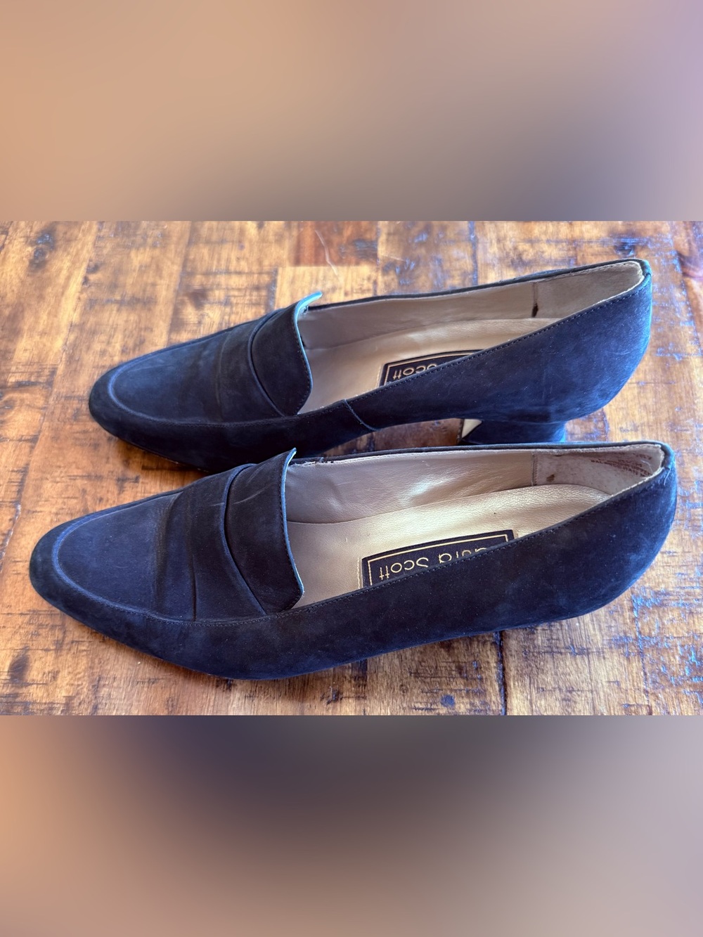 Laura Scott Black Suede Penny Loafers